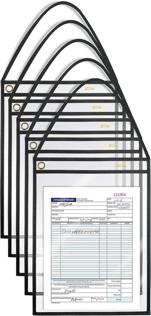 Better Office Products 15 Pack Shop Ticket Holders, 9 x 12 Inches, Clear Both Sides, Stitched Black Canvas Edge Trim
