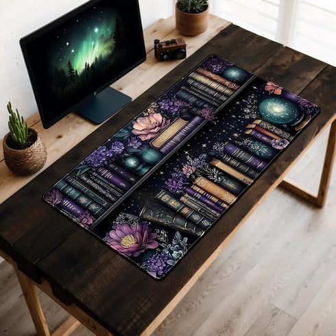 FGRWW 31.5x15.7 Purple Flowers Bookshelf Desk Mat Bookish Desk Pad Celestial Floral Books Large Mouse Pad XXL Extended