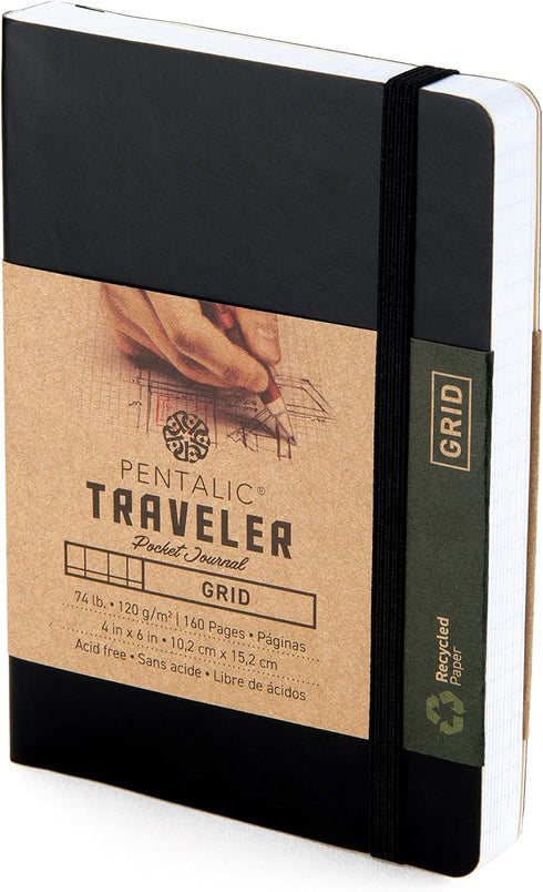 Pentalic Pocket Grid Traveler Journal, 4" x 6", 160 Pages, Black