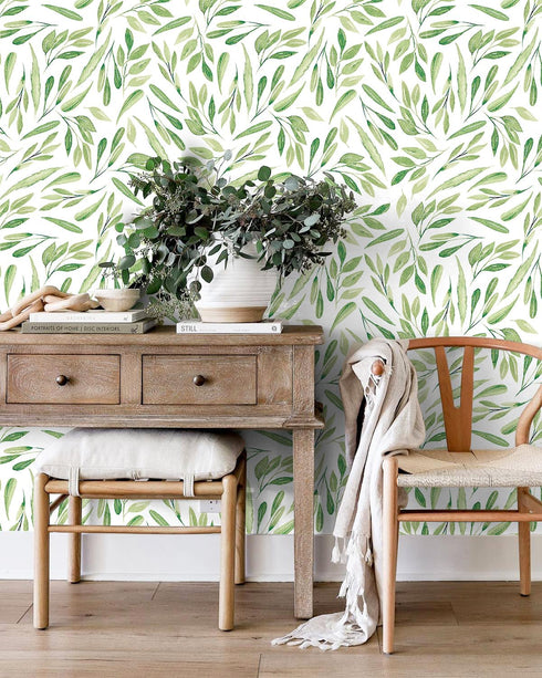 HAOKHOME 93199-2 Boho Peel and Stick Wallpaper, Green Branches Leaves, Removable Vinyl Contact Paper 17.7in x 9.8ft