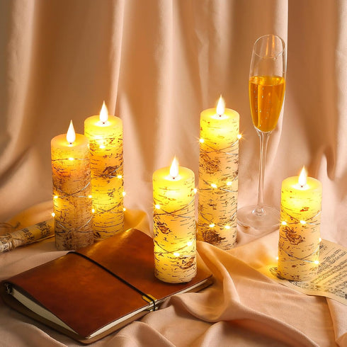 Set 5 4", 5", 6", 7", 8") Da by LED Candles Hand Painted Birch Bark Recessed String Candles of (Heights: Battery