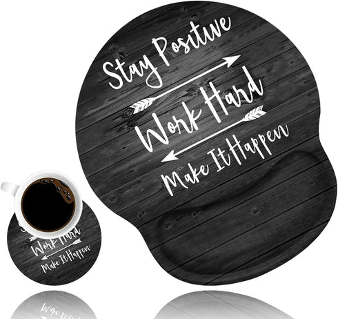 Ergonomic Wrist Mouse Pad with Cup Coaster, Inspirational Quote Art on Rustic Wood, Non-Slip PU Base for Home Office
