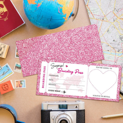 5 Set 3.5"x8"Travel Card-002/5 Surprise Trip Reveal Pink Plane Tickets Boarding Pass Ticket with Envelopes, Ticket