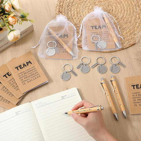 Geyoga 100 Pcs Team Gift Keychains, Employee Appreciation Notepad Gifts, Motivational Notebook, Bamboo Ballpoint Pen