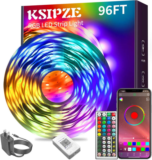 KSIPZE 96ft Led Strip Lights RGB Music Sync Color Changing Bluetooth Led