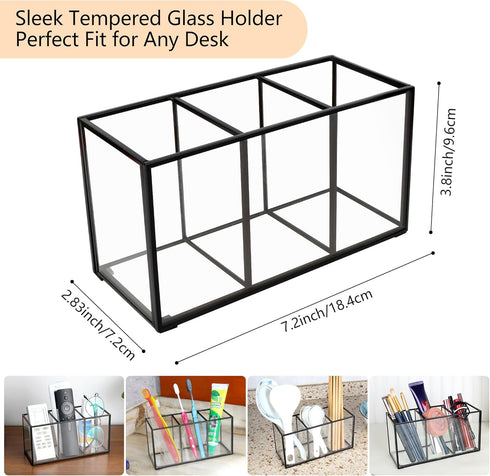 Tempered Glass Pencil Holder for Desk, 3 & 4 Compartments Desktop Storage Organizer for Office and School Supplies