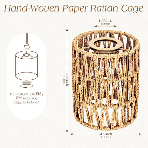 WKWKTOTO 4 Pack E26 Boho Lamp Shade for Base, Handwoven Natural Rattan lamp shade, Boho Pendant Light Shades for Living