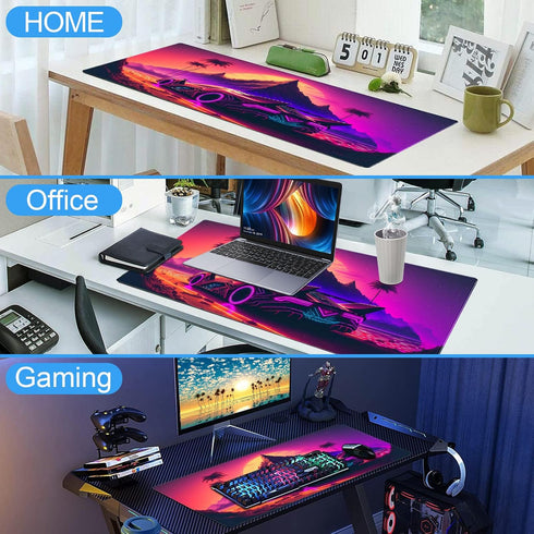 Pink Purple Neon Sunset Desk Mat Mousepad, Cool Futuristic Car Extended Large Gaming Mouse Pad, 31.5 x 15.7 inch