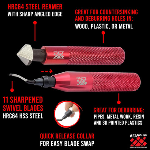 AFA Tooling Deburring Tool & Countersink Hand Reamer with 10 Extra Blades for Metal, Resin, PVC, Copper, Plastic