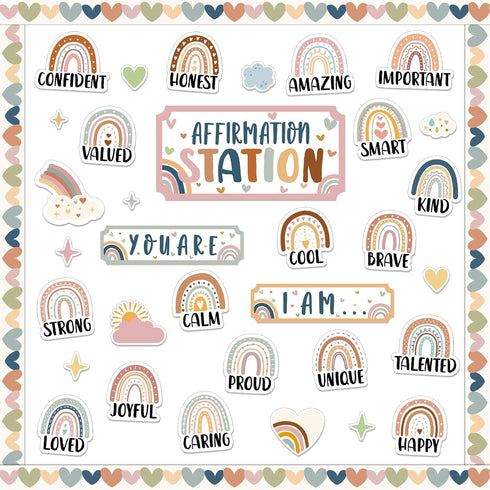 BOHO Affirmation Station Bulletin Board Set - Rainbow Motivational Posters and Inspirational Cutouts for Classroom