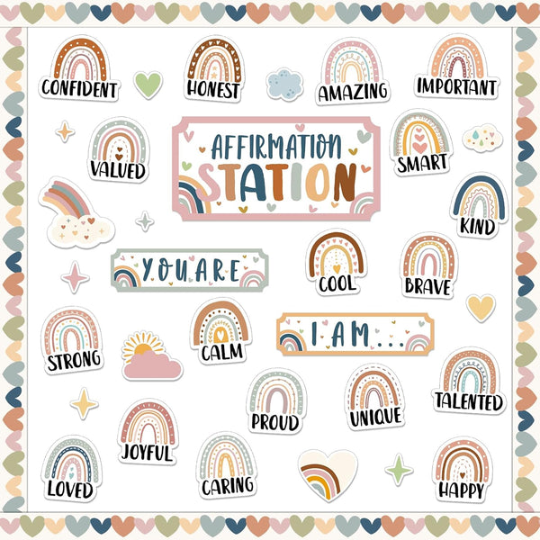 BOHO Affirmation Station Bulletin Board Set - Rainbow Motivational Posters and Inspirational Cutouts for Classroom