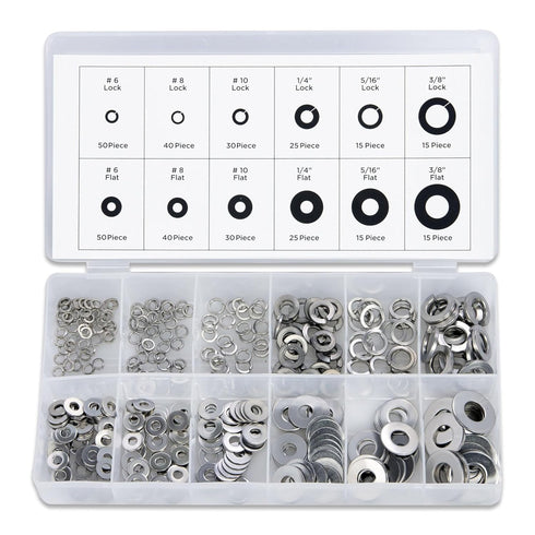 NEIKO 50400A Stainless Steel Lock and Flat Washer Assortment - 350 Piece Set, 12 Different Sizes in Spring Lock and