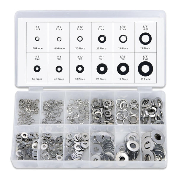 NEIKO 50400A Stainless Steel Lock and Flat Washer Assortment - 350 Piece Set, 12 Different Sizes in Spring Lock and