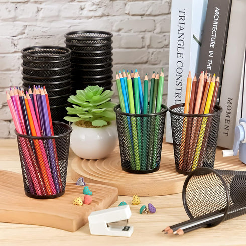 Henoyso 36 Pack Mesh Pencil Holder, Wire Mesh Pen Cup, Black Pen Organizer for Desk, Metal Pencil Cup, Makeup Brush