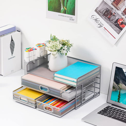 Marbrasse 3 Tier Mesh Desk Organizer with Drawer, Multi-Functional Paper Letter Organizer and Accessories for Home