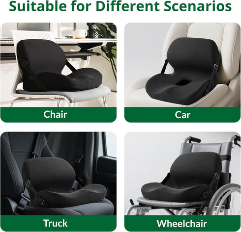 FuturaLoom Tailbone Memory Foam L-Shaped Seat Cushion with Lumbar Support & Adjustable Strap - Pain Relief for Office
