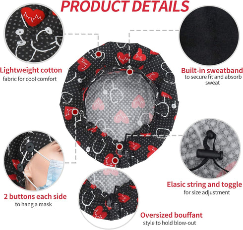 ABAMERICA 2 Pack Bouffant Caps - Adjustable Scrub Caps with Button and Sweatband for Women Men, One Size Multi Color