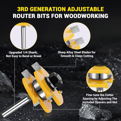 Junreox 2PCS Set, 3rd 1/4 3/4" 1/2" 3 Tongue and Groove Router Bit Gen. Shank Router Bits for Stock, Cutting Depth