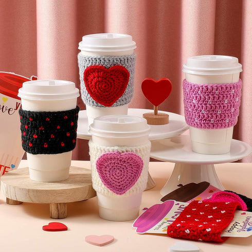 Zhehao 6 Set Valentine's Day Teacher Gift Crochet Coffee Cup Sleeve with Thanks A Latte Coffee Card Galentine's Day