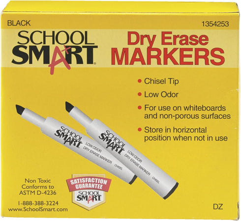 School Smart Low Odor Dry Erase Marker, Chisel Tip, Black, Pack of 12, 40 lb - 24 Inches x 1000 Feet