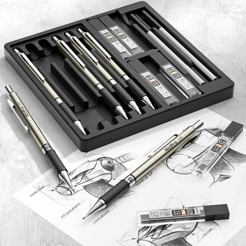 Nicpro 0.9 mm Art Mechanical Pencils Set in Gift Case, 6 PCS Metal Drafting Pencil with 6 Tube HB Lead Refills & 18 PCS