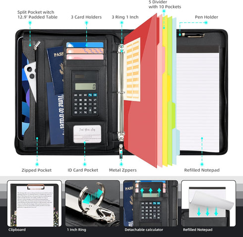 Ospelelf Leather Portfolio Folder with Zipper - 3 Ring Binder with Clipbard, 12.1” Tablet Sleeve, 5 Dividers, 10 Pockets
