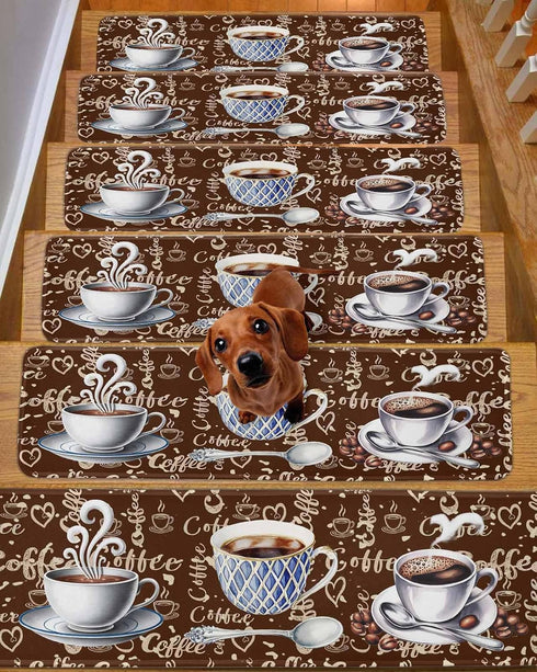 BOHOOSKYLAR 4 8"x30" Coffee Latte Beans Stair Treads Sugar Retro Brown Indoor Non Slip Peel and Stick Stair Treads