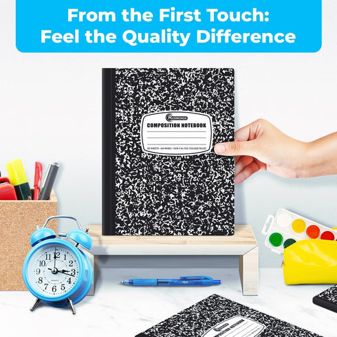 College Ruled Composition Notebooks, 5 Pack, 200 Pages (100 Sheets), 9-3/4" x 7-1/2", White & Black Marble, Hard Cover
