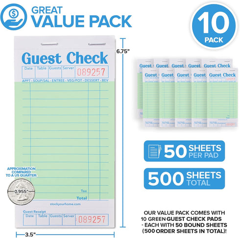 (10 Pack) 500 Stock Your Home Green Guest Check Books for Servers Server Note Pads, Waiter Checkbook, Food Receipt