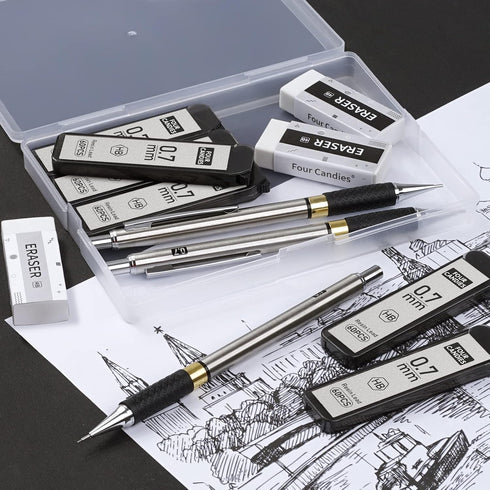 Four Candies Metal Mechanical Pencil Set - 3PCS 0.7mm Art Pencils & 360PCS HB Lead Refills & 3 Erasers