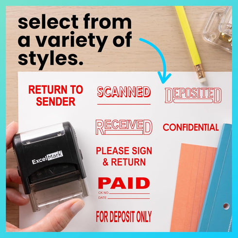 ExcelMark DEPOSITED Self-Inking Rubber Stamp with Red Ink