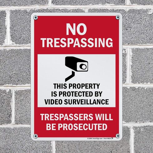 SmartSign 14 x 10 inch “No Trespassing” Metal Sign - Property Protected by Surveillance, Red, Black and White