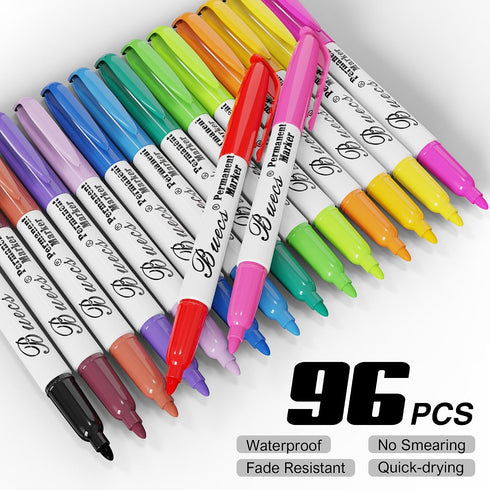 Buecs 96 Count 16 Permanent Markers, Fine Point Permanent Markers, colors, Waterproof & Smear Proof Markers, Quick