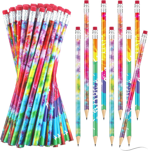 Tie Dye Round Pencils, 48 Colorful Solid Gradient Pencils with Eraser Top for School and Home