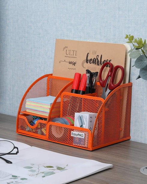 EasyPAG Orange Desk Organizer, Mesh Caddy with 6 Compartments and 1 Drawer for Office, Home, School