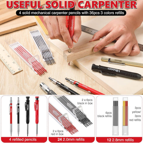 Hiboom 10 Pack Carpenter Pencil Set, 4 Colorful Solid Carpenter Pencils with Sharpener