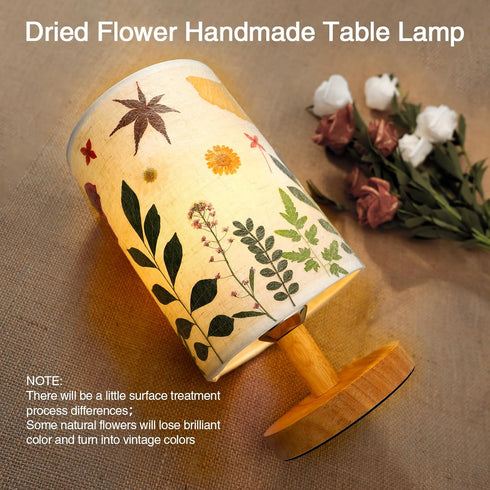 5W 3Color Pressed Flowers Table Lamp LED Temperatures Dried Flower Bedside Lamp Linen Shade with Wood Base for Bedroom