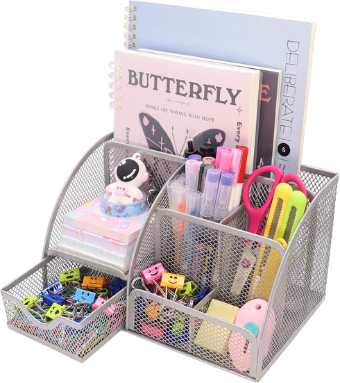Boutilon Mesh Desk Organizer with 6 Compartments and 1 Drawer - Multi-Functional Caddy Pen Holder for Home Office