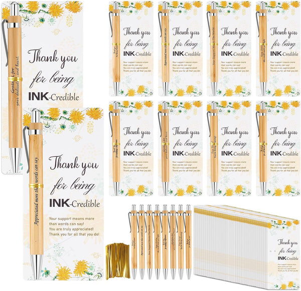Zowekto Employee Graduation Appreciation Gifts Bulk Inspirational Bamboo Pens with Thank You Cards,