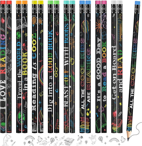 Pasimy 600 Pcs Reading Motivational Pencils, Bulk Black Novelty Wooden Pencils with Eraser for Classroom