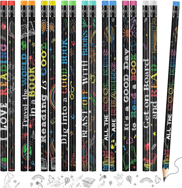 Pasimy 600 Pcs Reading Motivational Pencils, Bulk Black Novelty Wooden Pencils with Eraser for Classroom