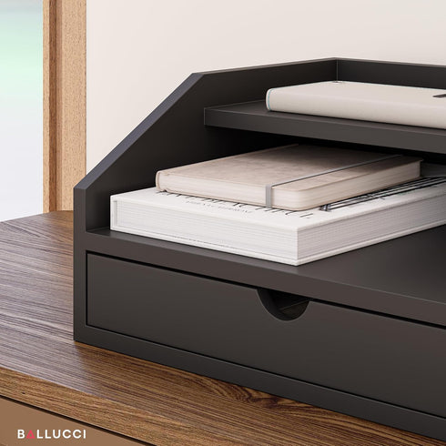 Ballucci Desk Organizer with Drawer, 3 Tier Paper, Office Supplies and File Organizer for Desktop - Black