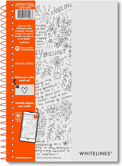 ROARING SPRING Whitelines Spiral Bound Journal, Dot Ruled, 70 Sheets, 8.25" x 5.75", FREE App for Digitally Downloading