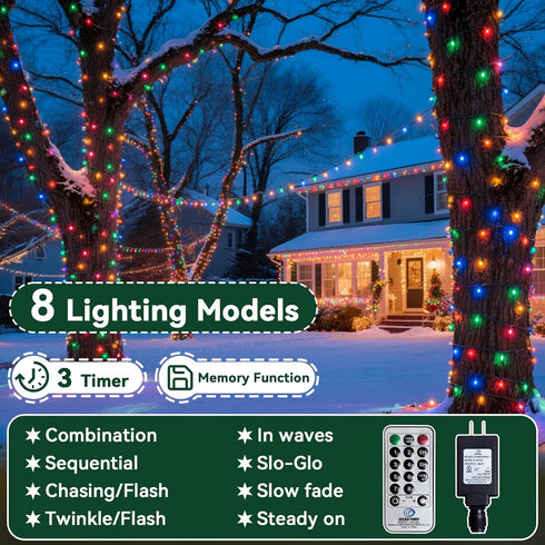 132FT 400 8 Christmas String Lights LED Multicolor Dark Green Wire, Indoor Outdoor Waterproof Fairy Lights with Modes