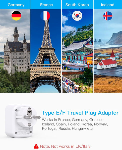 Type E F Plug Adapter, Germany France Travel Plug Adapter with 2 Outlets 3 USB Ports(2 USB C) Schuko Power Adaptor for US to Europe EU Spain Iceland Korea Greece Norway Russia German French 2 Pack