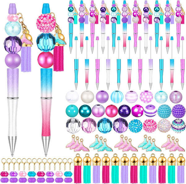 Yeaqee 24 Sets Mermaid Beadable Pens, Assorted Beaded Pen Making Kit, Multicolor Black Ink DIY Ballpoint