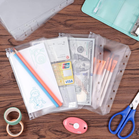 HAUTOCO 15PCS A6 Binder Pockets - 6-Hole Budget Envelopes Planner Inserts for A6 6-Ring Binders, Clear PVC Zipper Pouch