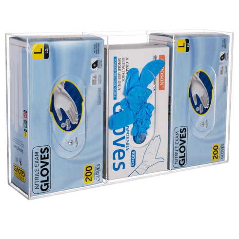 3 -10 3.5 16.4 Triple Glove Box Holder Wall Mount, Compartments Clear Acrylic Rubber Nitrile Gloves Dispenser for Lab