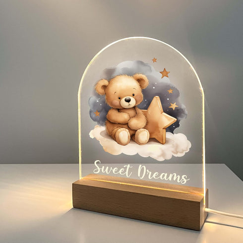 Teddy Bear Frame Night Light Up Table Wood Base LED Desk Stand Plaque Nursery Decor Sweet Dreams Night Light Kids Baby