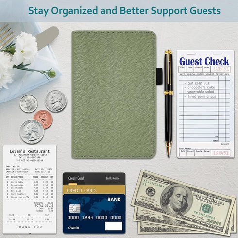 RSAquar Premium Leather Server Book with Zipper Pocket, Waitress Wallet Fit Server Apron, Agave Green